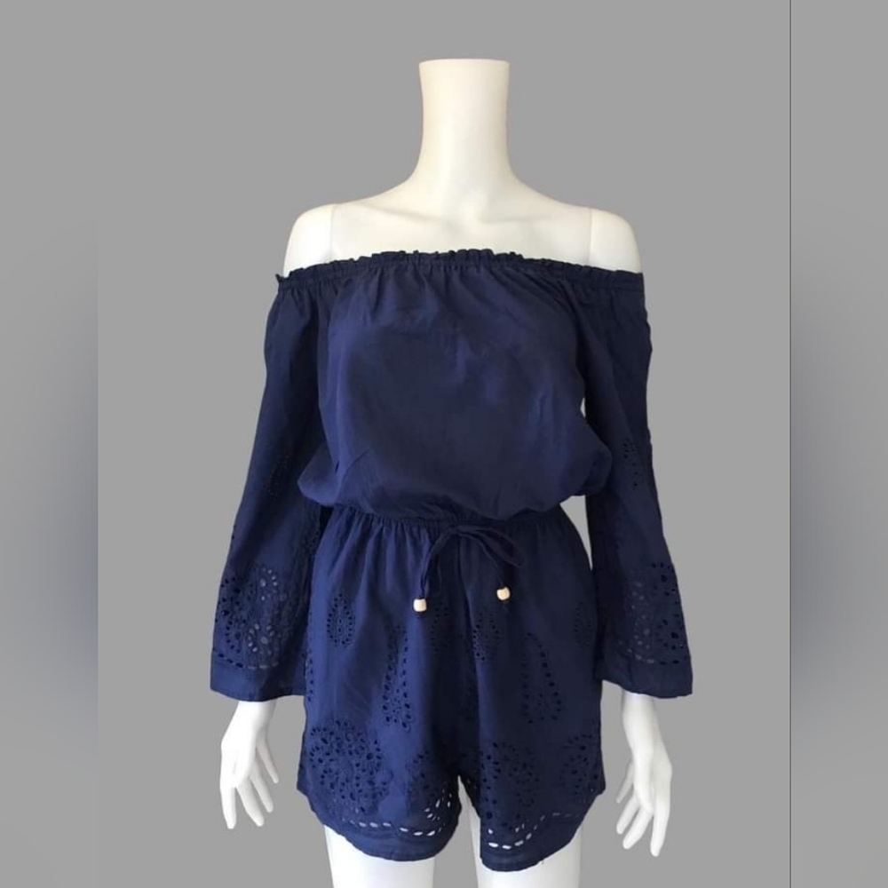 Rebellion Again 100% Cotton Blue Off The Shoulder Romper Size